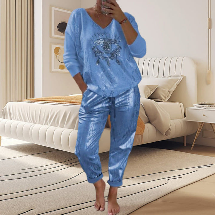 Women's 2-piece Set: Gold Eye Foil Top And Sequined Pants