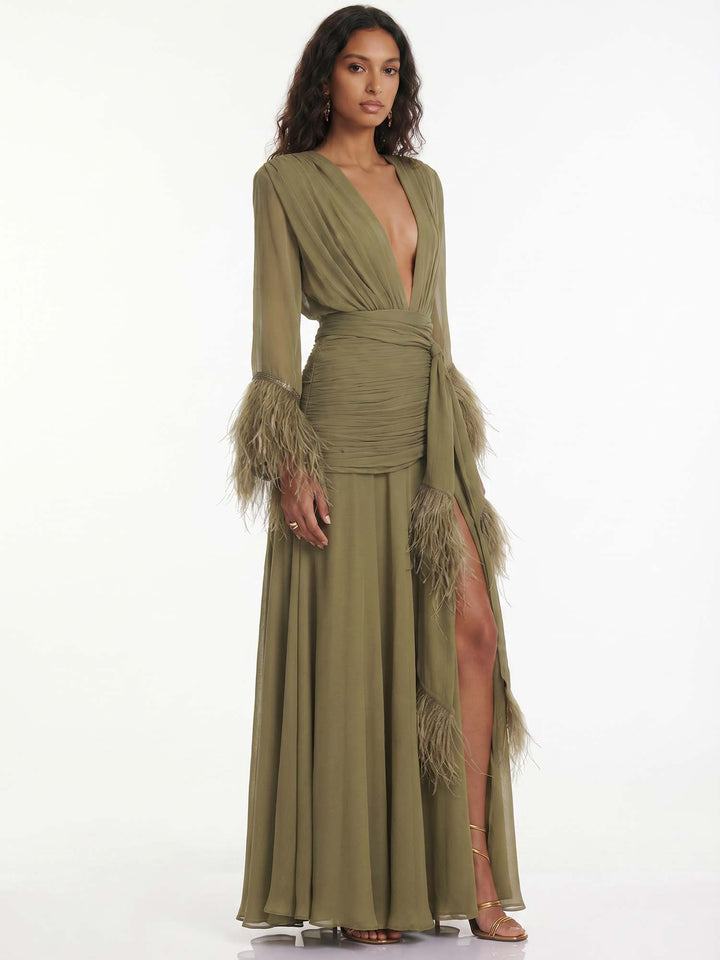 Olive Feather Reverie Maxi Dress