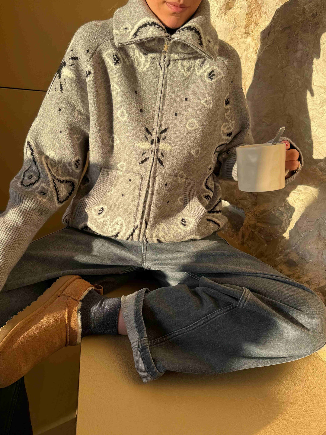 Gray Bandana Patterned Cardigan