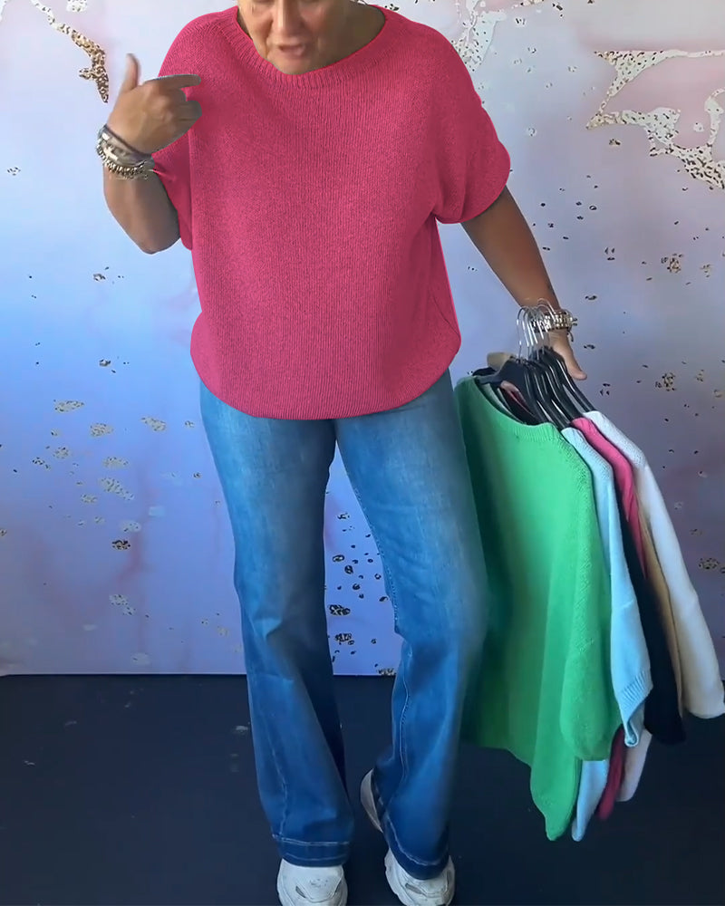 Women's Casual Loose Fitted Solid Color Crew Neck Sweater