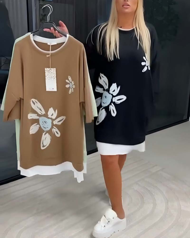 Women's Patchwork Print Crew Neck Sweatshirt Dress