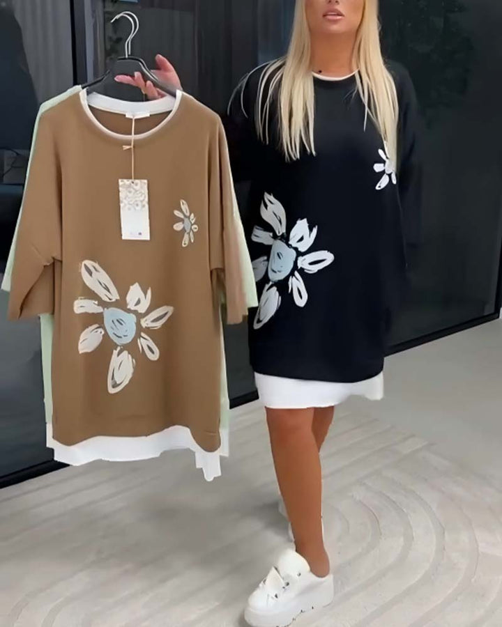 Women's Patchwork Print Crew Neck Sweatshirt Dress