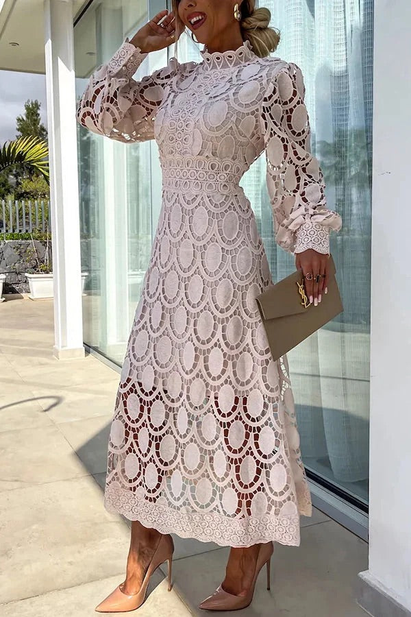 Elegant Crochet Lace Lantern Sleeve Party Midi Dress