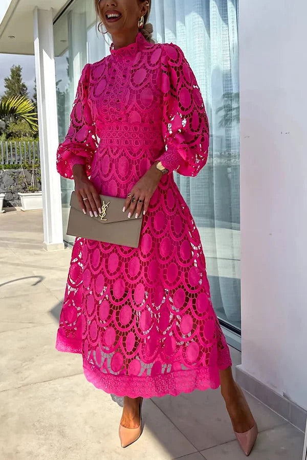 Elegant Crochet Lace Lantern Sleeve Party Midi Dress