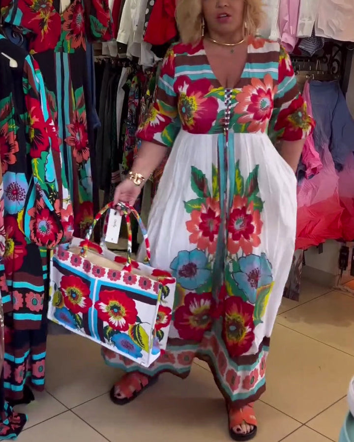 Loose-fitting, Deep V-neck Floral Dress