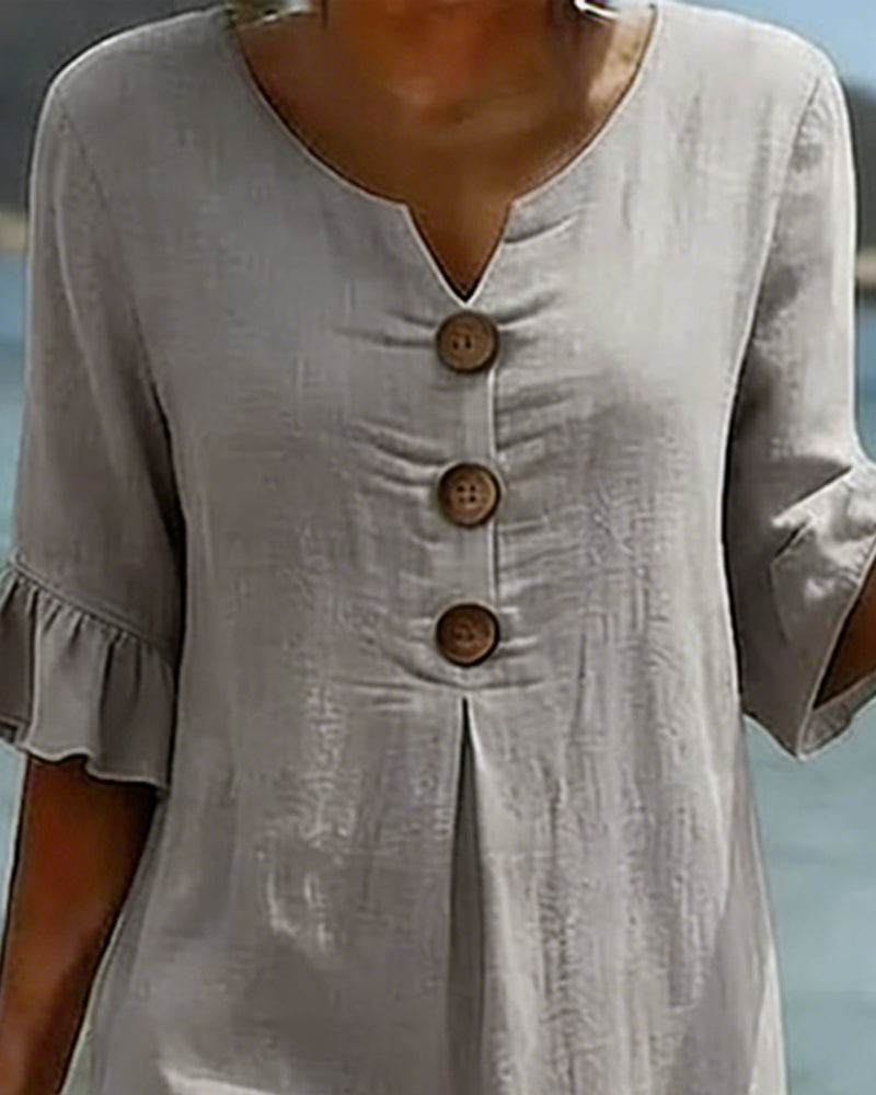 Button-front Cotton Dress With Ruffled Sleeves