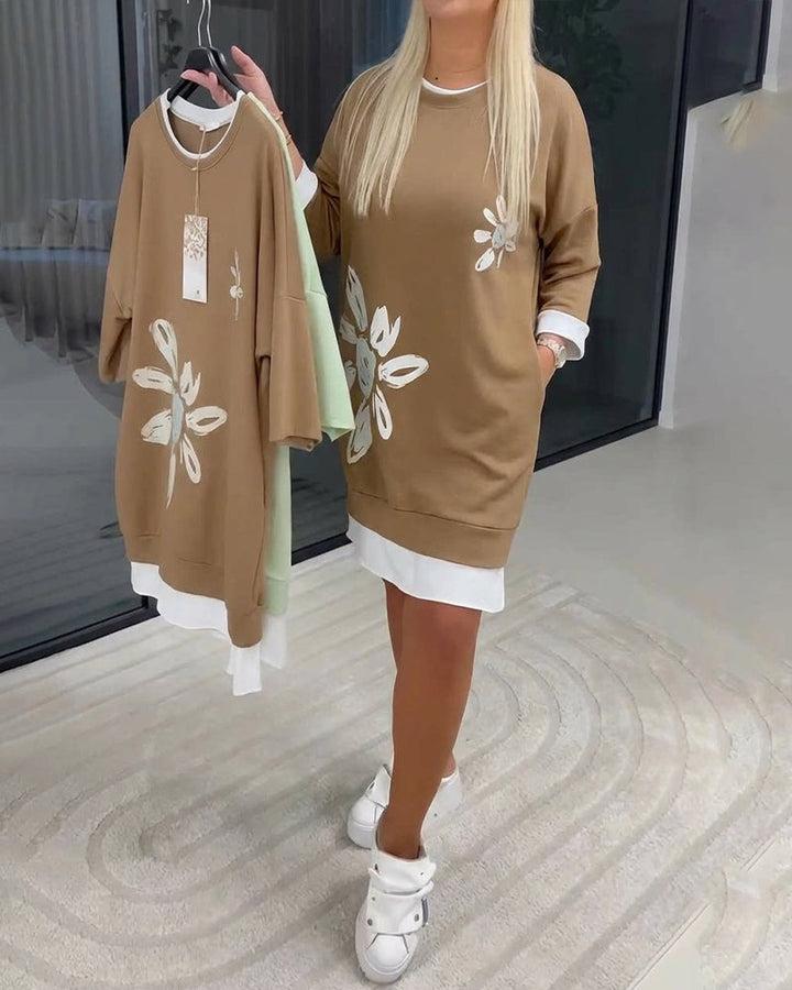 Women's Patchwork Print Crew Neck Sweatshirt Dress