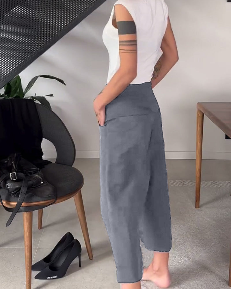 Simple Solid Color Asymmetric Casual Pants