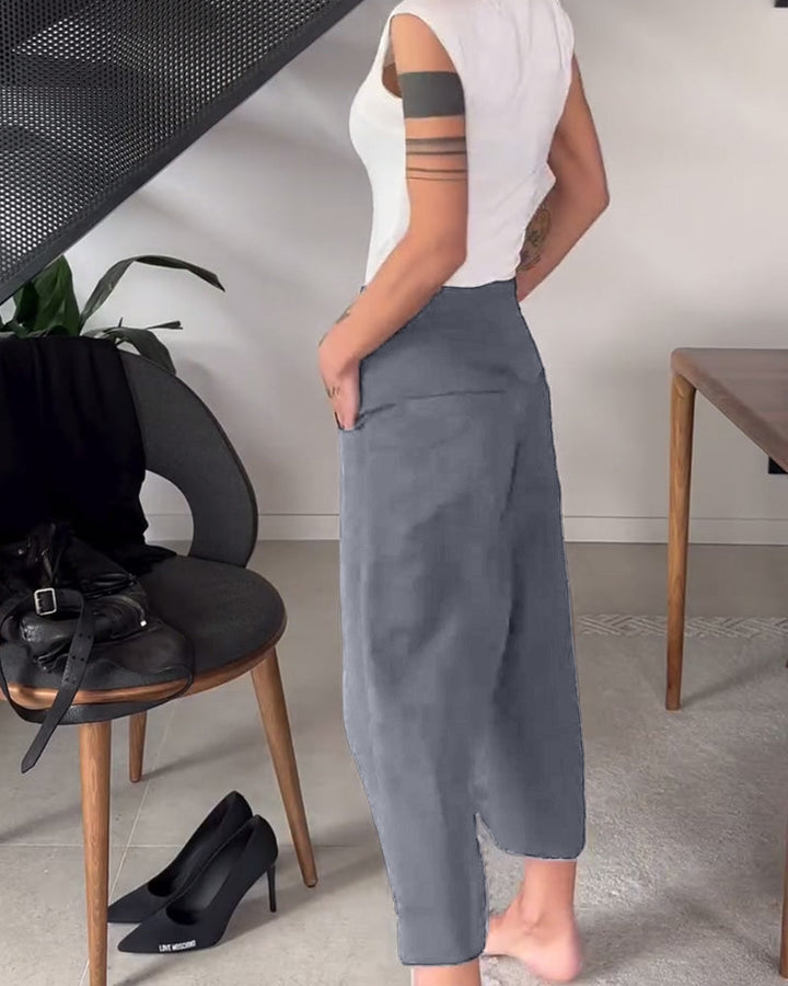 Simple Solid Color Asymmetric Casual Pants