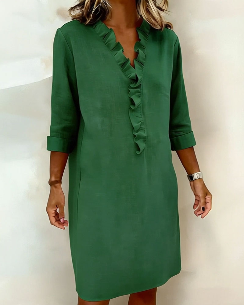 Plain V-Neck Ruffled Dress