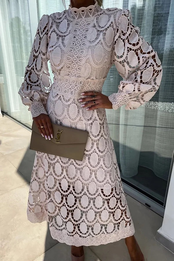 Elegant Crochet Lace Lantern Sleeve Party Midi Dress