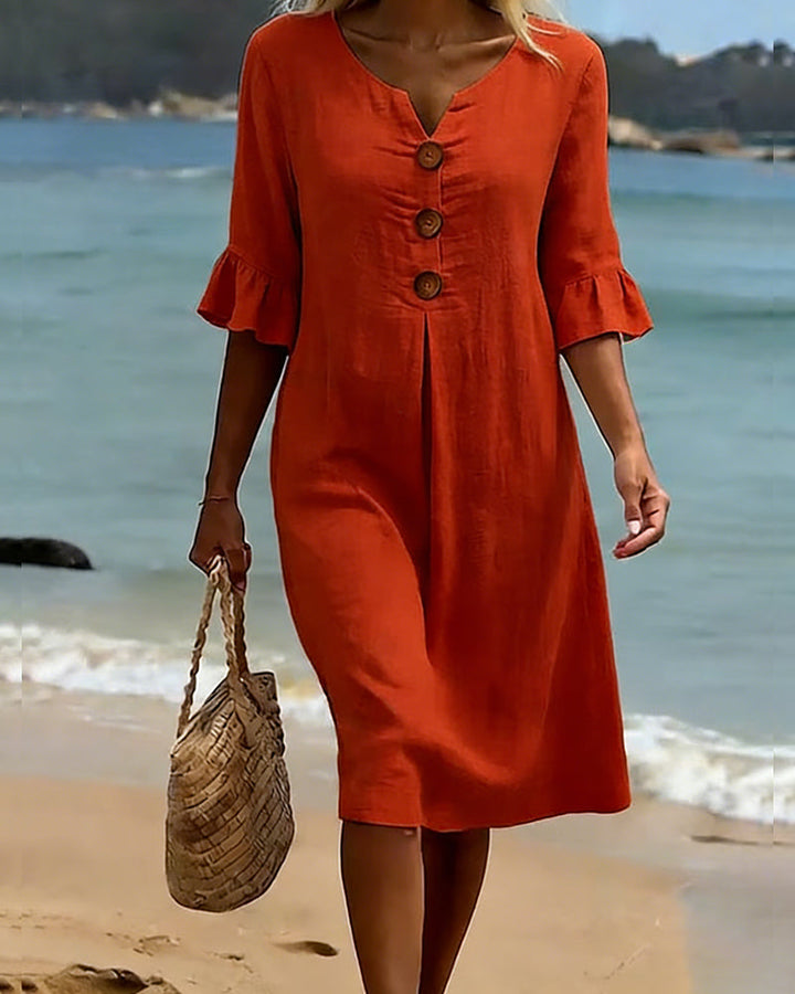 Button-front Cotton Dress With Ruffled Sleeves