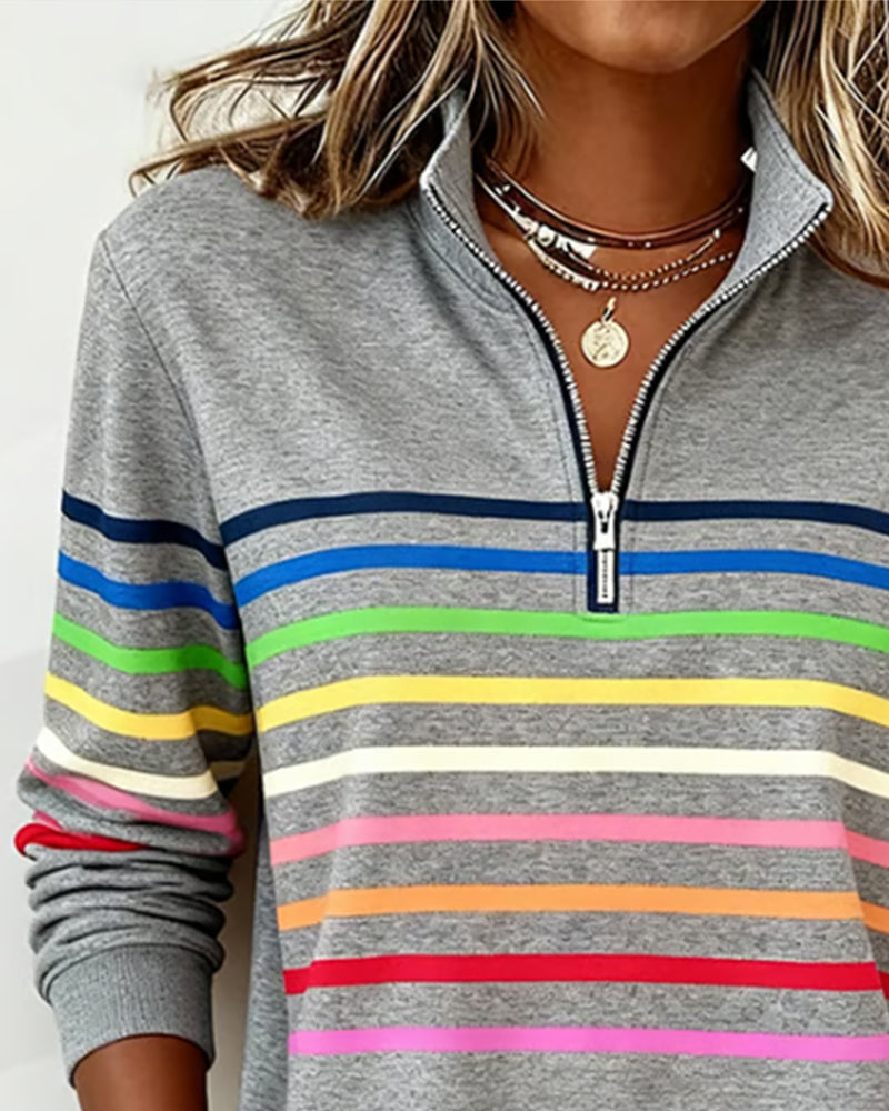 Trendy Rainbow Stripe Half Zip Neck Sweatshirt