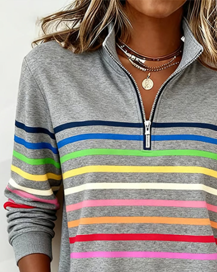 Trendy Rainbow Stripe Half Zip Neck Sweatshirt