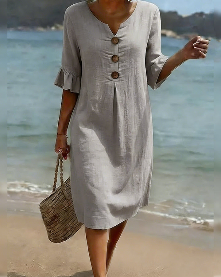 Button-front Cotton Dress With Ruffled Sleeves