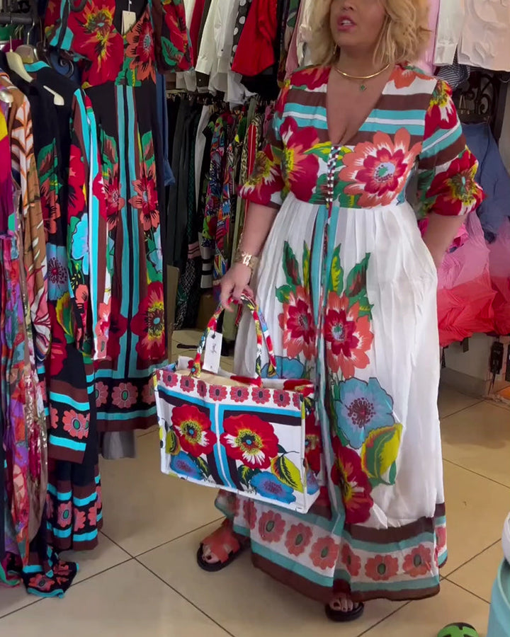 Loose-fitting, Deep V-neck Floral Dress