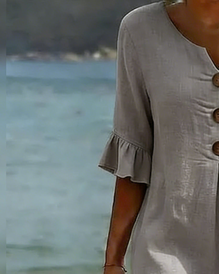 Button-front Cotton Dress With Ruffled Sleeves