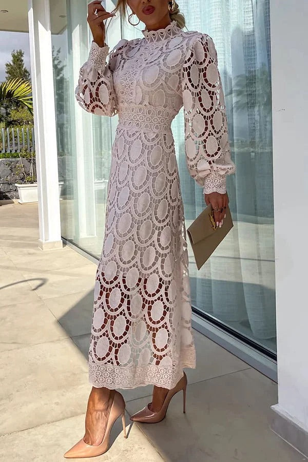 Elegant Crochet Lace Lantern Sleeve Party Midi Dress