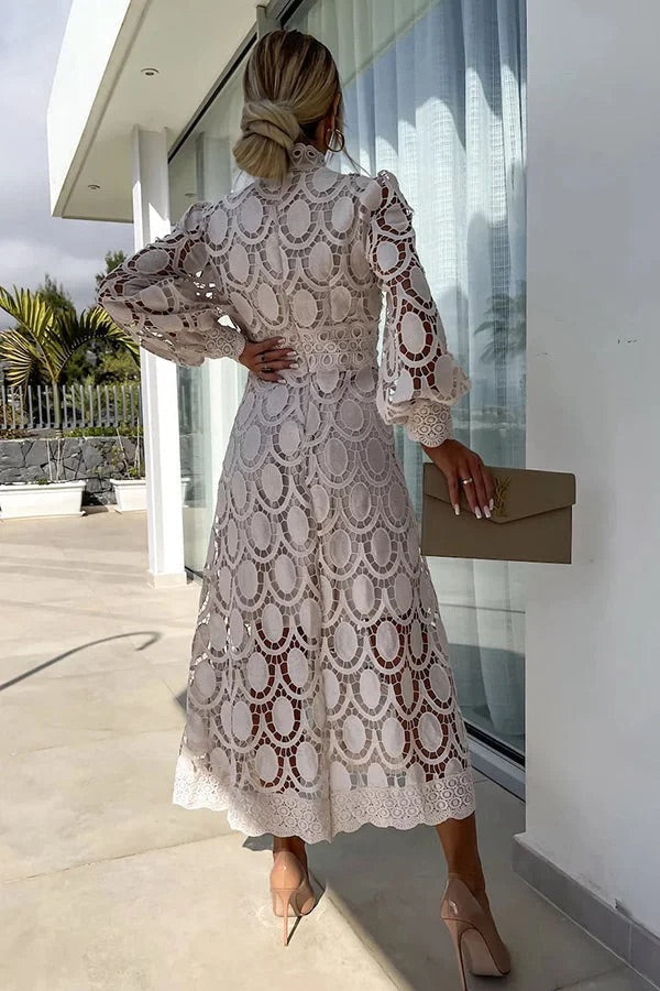 Elegant Crochet Lace Lantern Sleeve Party Midi Dress