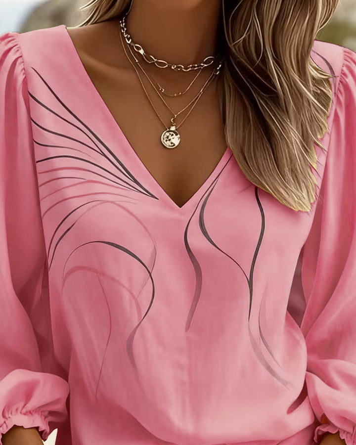 Women's V-Neck Printed Blouse With Puff Sleeves