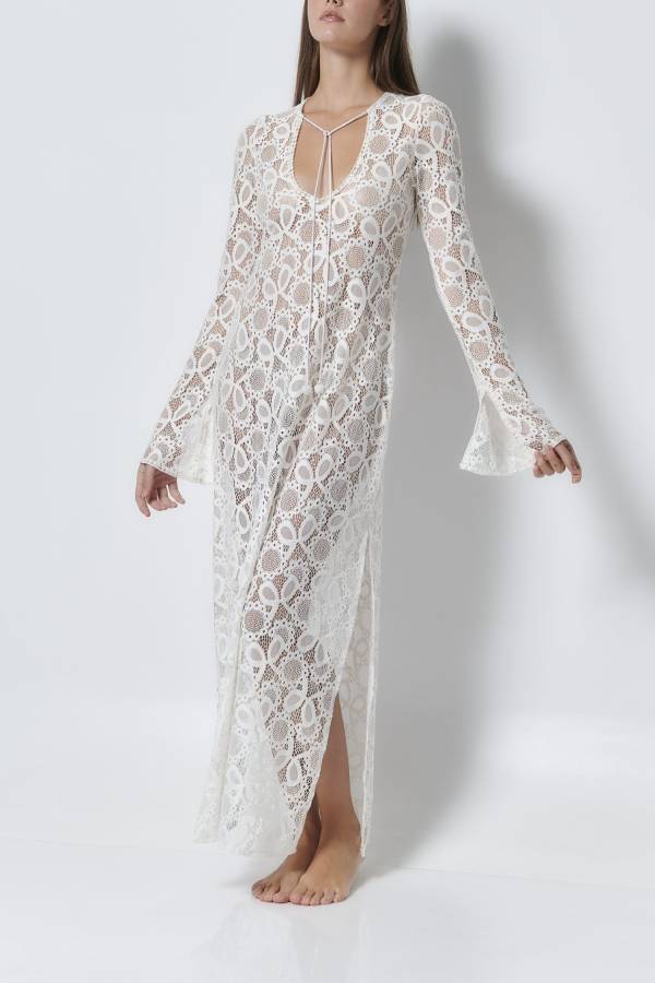 Floral Lace Long Sleeve Slit Vacation Maxi Dress