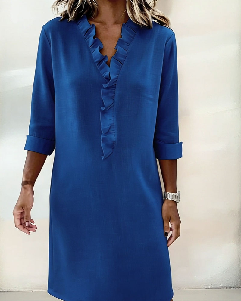 Plain V-Neck Ruffled Dress