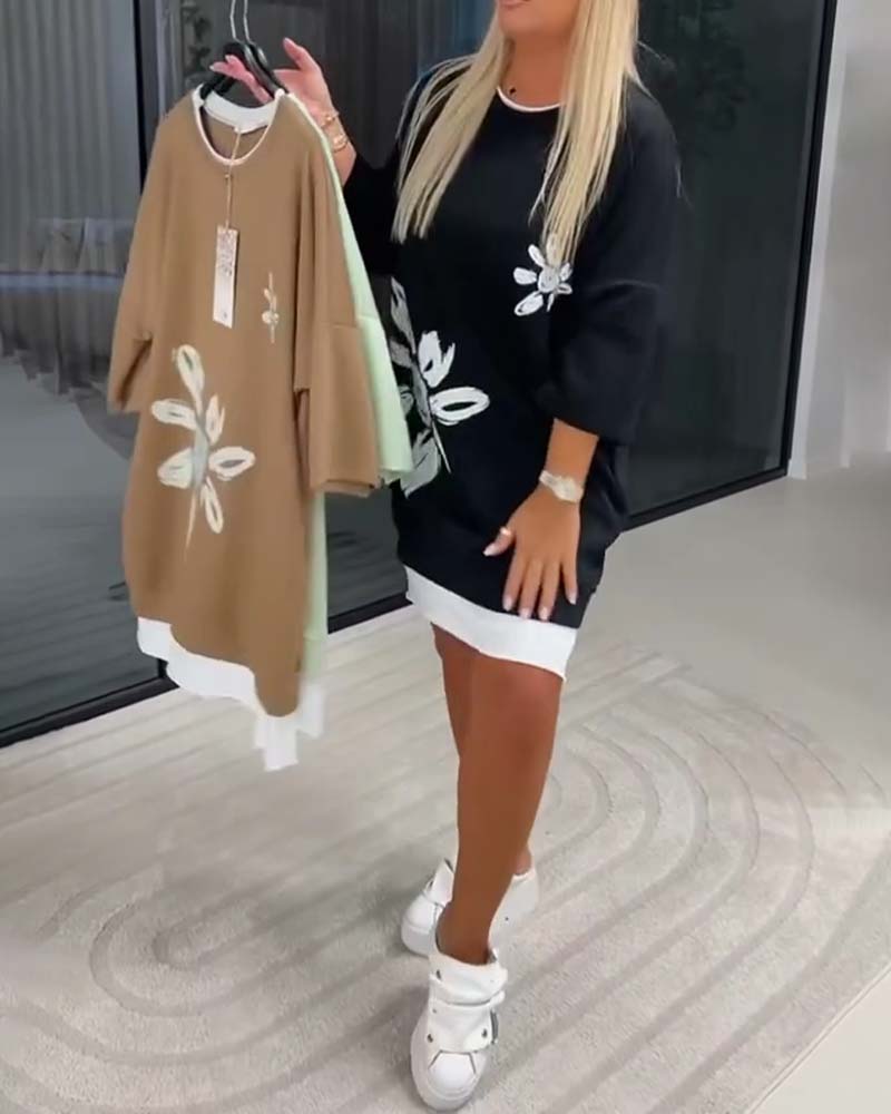 Women's Patchwork Print Crew Neck Sweatshirt Dress