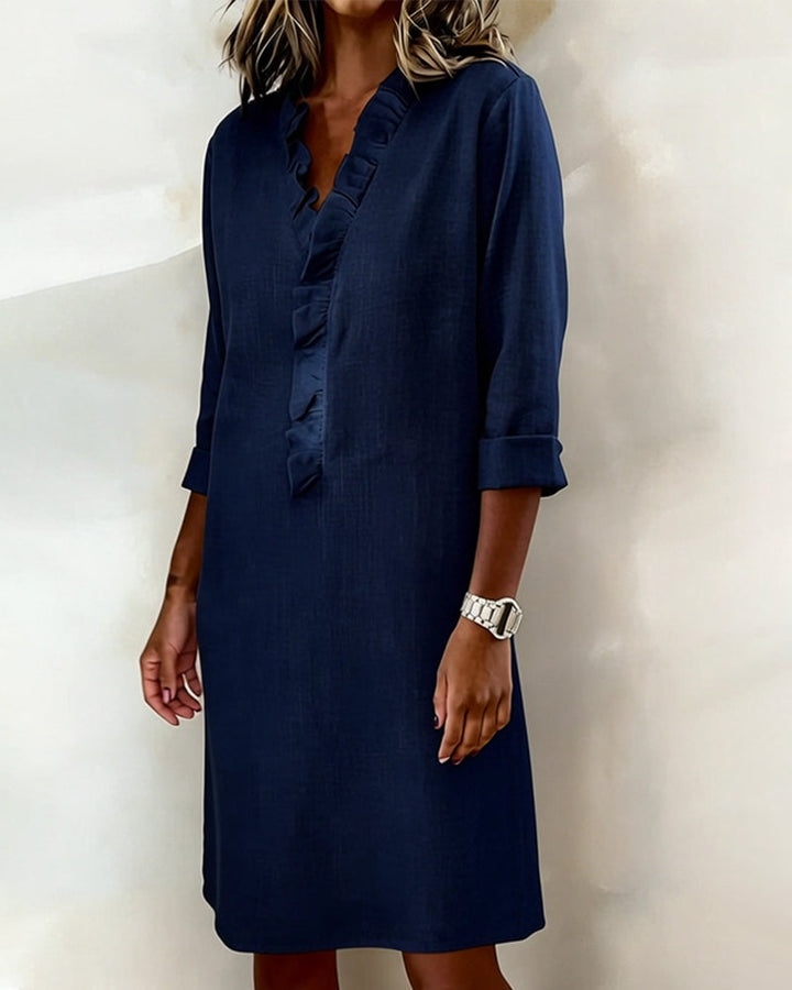 Plain V-Neck Ruffled Dress