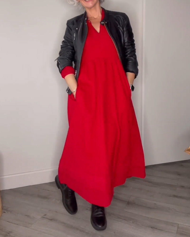 Women's Elegant V-neck and Long Sleeves Dress