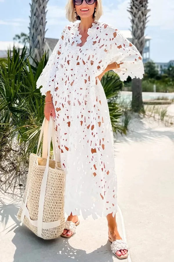 Floral Eyelet Lace Cover Up Beach Midi Dress