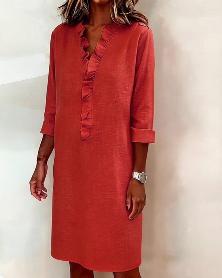 Plain V-Neck Ruffled Dress