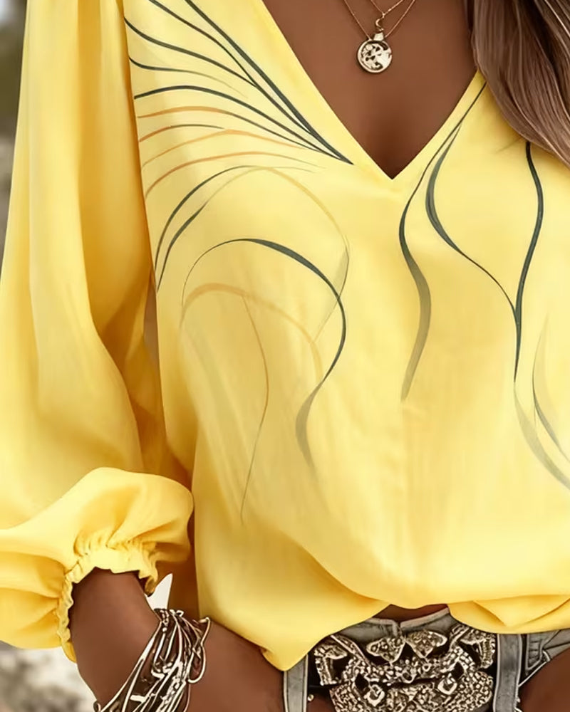 Women's V-Neck Printed Blouse With Puff Sleeves