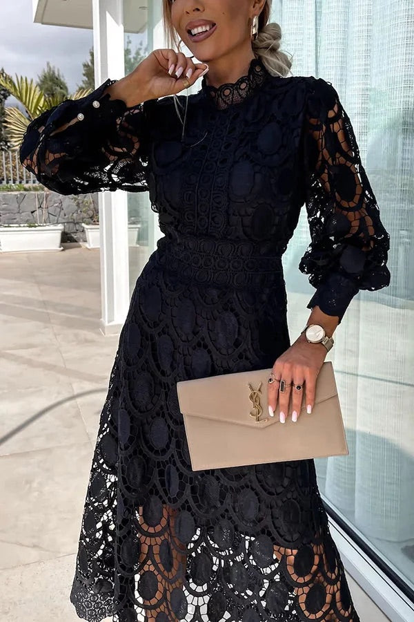 Elegant Crochet Lace Lantern Sleeve Party Midi Dress
