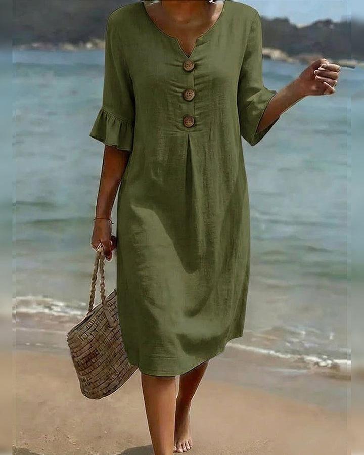 Button-front Cotton Dress With Ruffled Sleeves