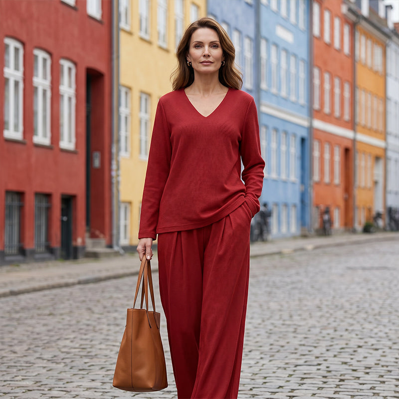 Women's V-Neck Lounge Set with Wide-Leg Pants