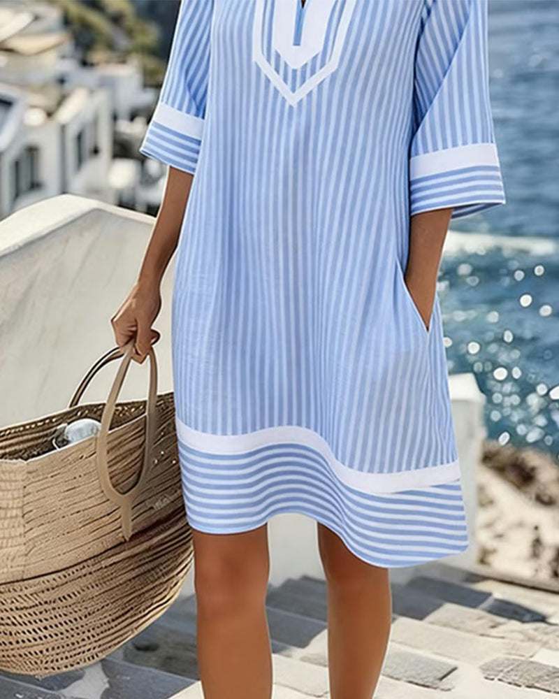 Striped V-Neck Short Sleeve Dress
