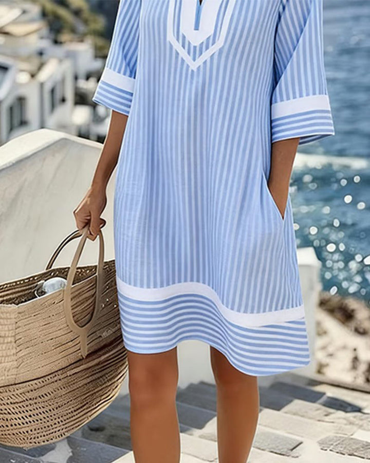 Striped V-Neck Short Sleeve Dress