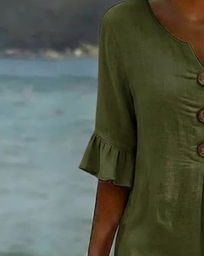 Button-front Cotton Dress With Ruffled Sleeves
