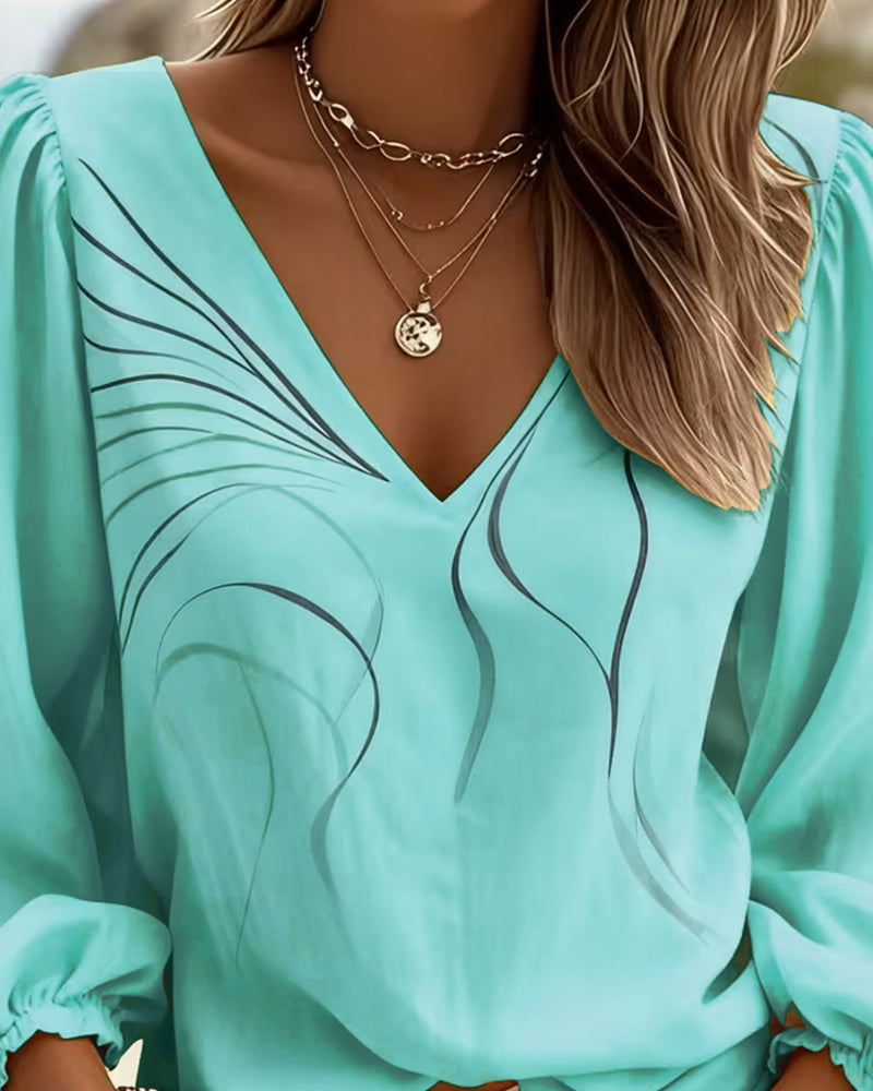 Women's V-Neck Printed Blouse With Puff Sleeves