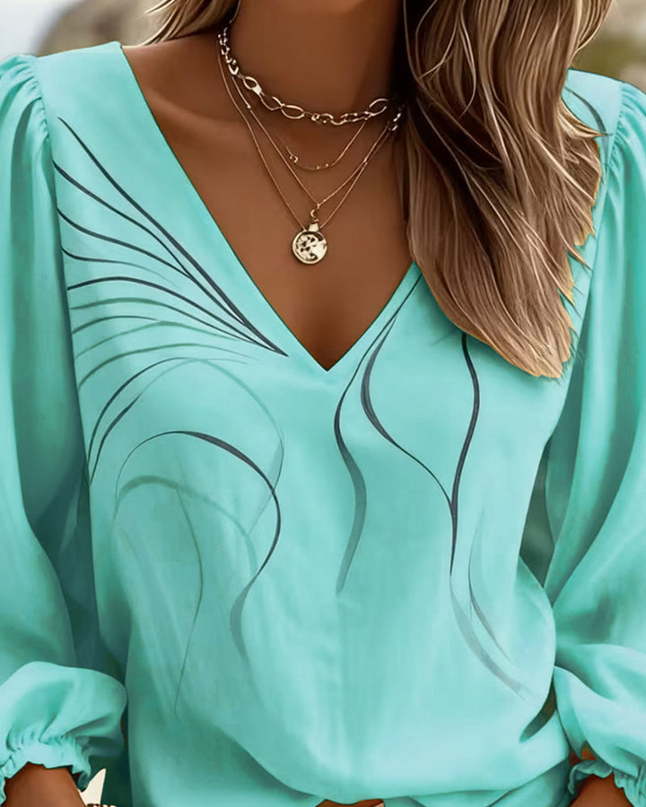 Women's V-Neck Printed Blouse With Puff Sleeves