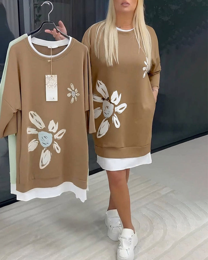 Women's Patchwork Print Crew Neck Sweatshirt Dress