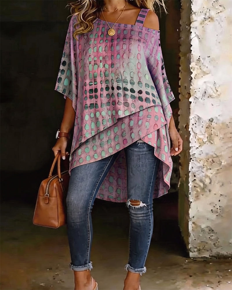 Irregular Shoulder Polka Dot Print Blouse