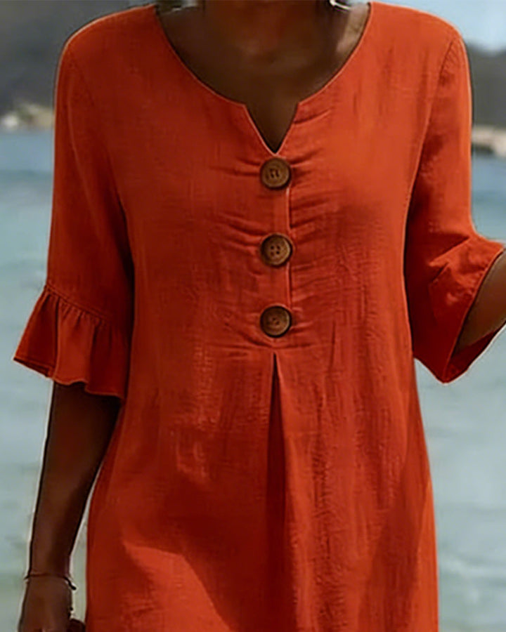 Button-front Cotton Dress With Ruffled Sleeves