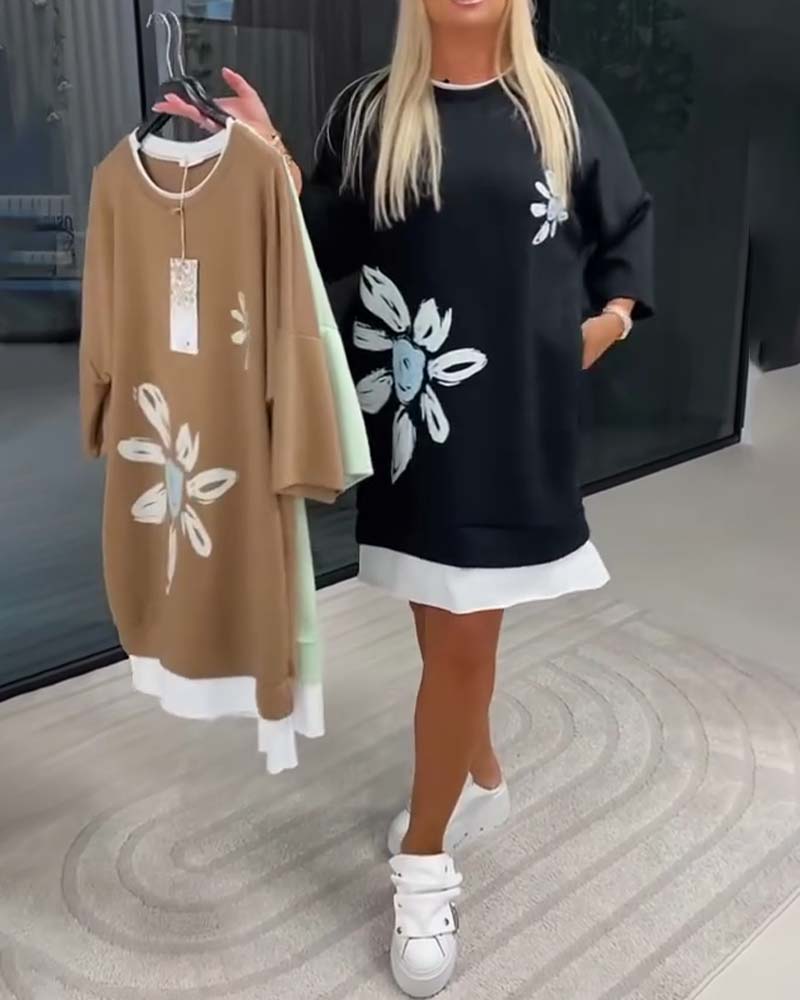 Women's Patchwork Print Crew Neck Sweatshirt Dress