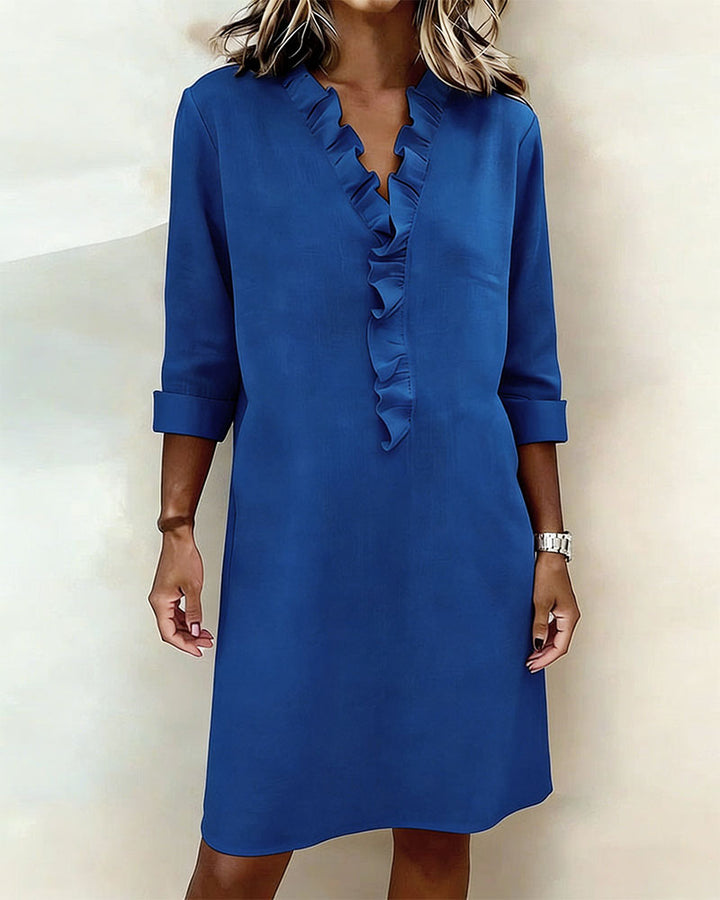 Plain V-Neck Ruffled Dress