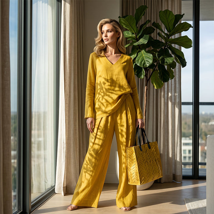 Women's V-Neck Lounge Set with Wide-Leg Pants