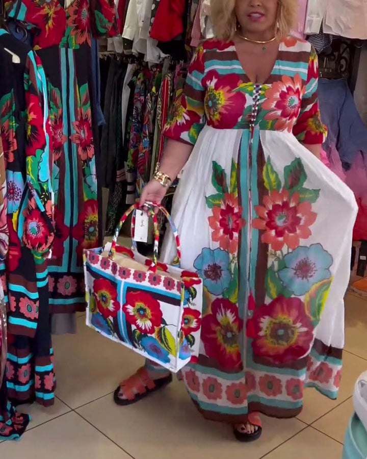 Loose-fitting, Deep V-neck Floral Dress