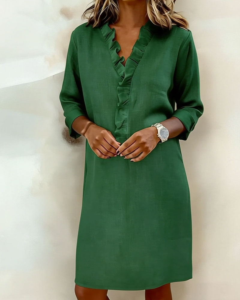 Plain V-Neck Ruffled Dress