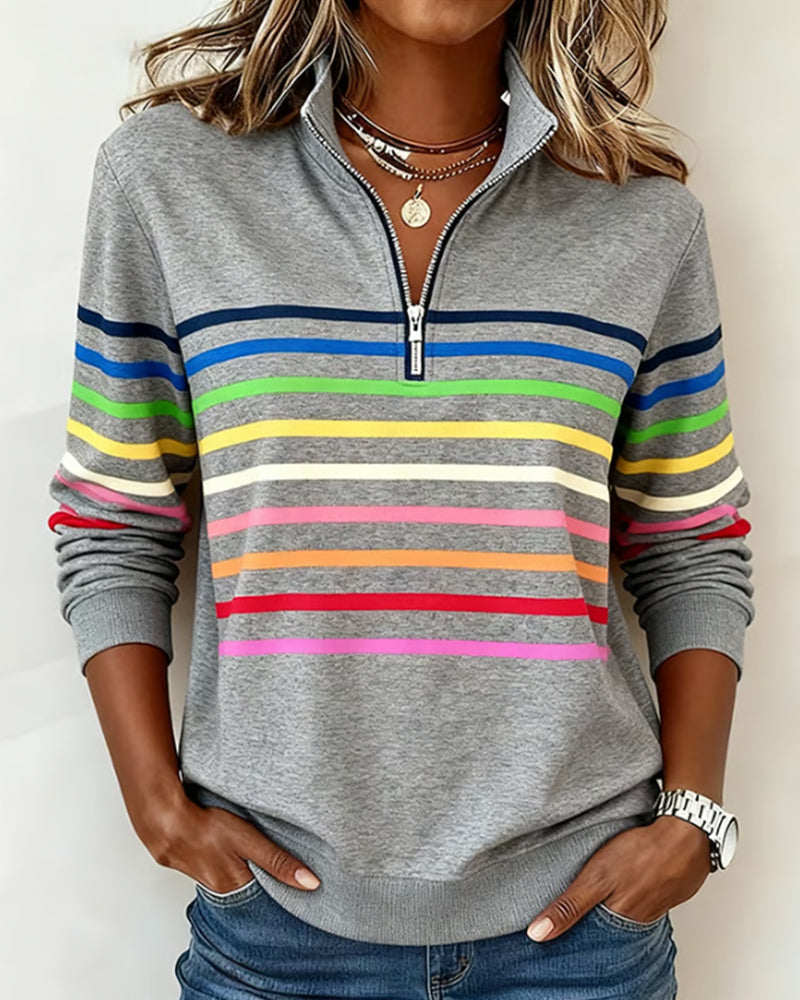 Trendy Rainbow Stripe Half Zip Neck Sweatshirt