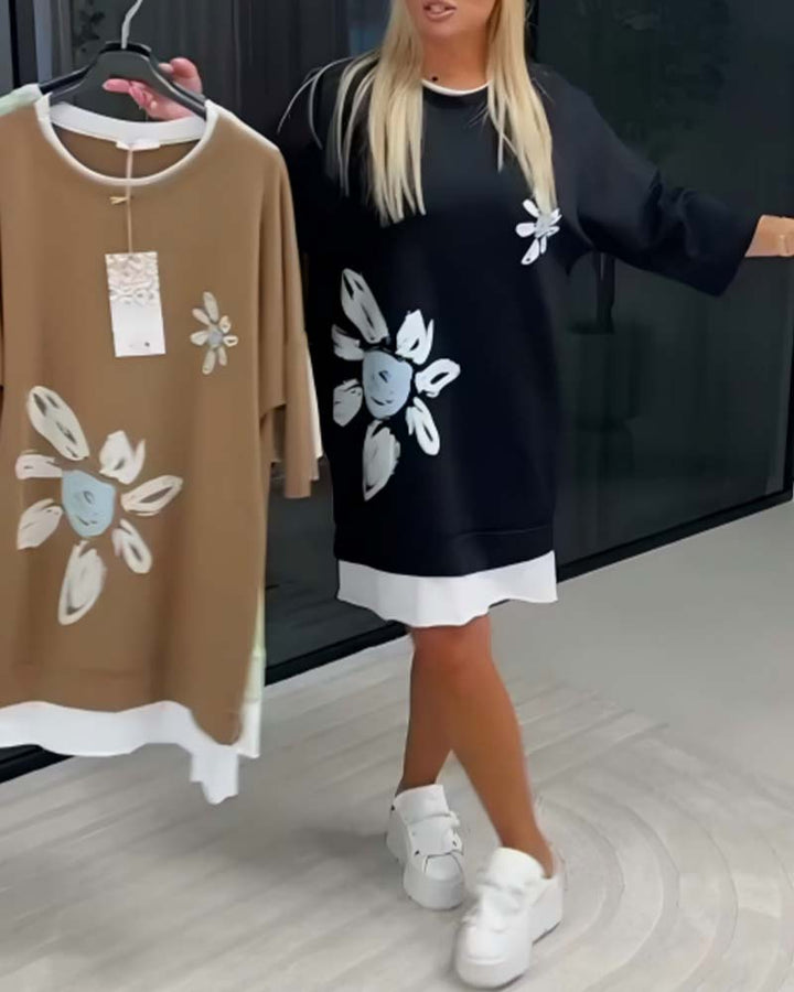 Women's Patchwork Print Crew Neck Sweatshirt Dress